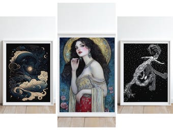 Art Nouveau Poster Set: Mystical Woman, Celestial Wave, Dancer (Digital Download, 300 DPI)