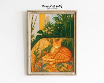 Orange Tabby Cat Art Print: Botanical Armchair, Vintage Style (Digital Download)
