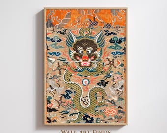 Chinese Dragon Embroidery Print: Vintage Oriental Wall Art (Digital Download)