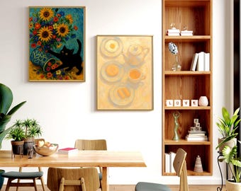 Sun-Kissed Still Life & Playful Cat – Vibrant Vintage Wall Art Set-300 DPI