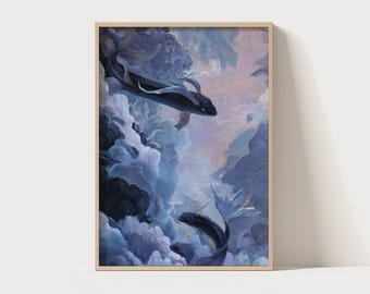 Surrealistyczna sztuka ścienna z rybą w niebie – marzycielski, fantastyczny wydruk cyfrowy do wystroju wnętrz w stylu boho i kapryśnym – 300 DPI