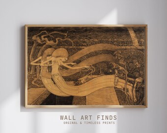 Symbolist Art Print – Mythical Figure & Forest Scene | Vintage Jan Toorop Style | Surreal Digital Download | 300 DPI