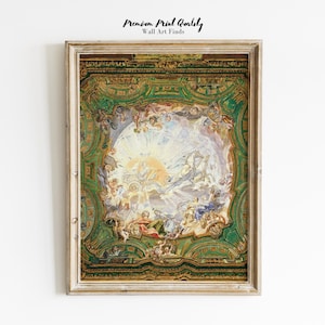 May include: Framed vintage artwork featuring a detailed ceiling fresco. The painting has a central sunburst design with figures in shades of white, blue, and yellow. The frame is a light wood color, and the artwork is labeled "Premium Print Quality Wall Art Finds."