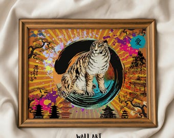 墨絵虎版画：日本の水墨画、ミニマリストの壁アート - Etsy 日本