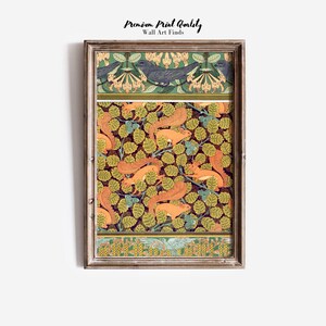 May include: Framed wall art print featuring a vintage design. The artwork showcases a pattern of orange squirrels among green leaves and a border with birds and floral elements. The frame is a light brown color, and the text "Premium Print Quality Wall Art Finds" is at the top.