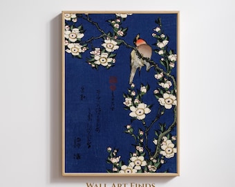 Japoński ptak i kwiat śliwy – Niebieskie Ukiyo-e Wall Art | Vintage Asian Nature Poster | Pobieranie cyfrowe