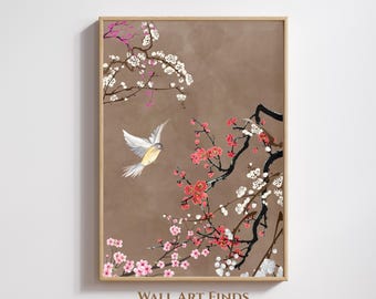 Japanischer Vogel und Pflaumenblüten Druck - Asiatische minimalistische Kunst | Tuschemalerei der Natur | Digitaler Download | 300 DPI