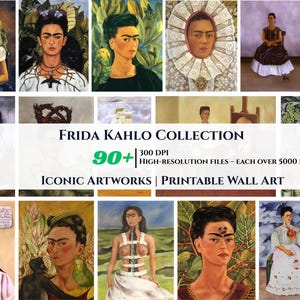 May include: A collection of Frida Kahlo artworks, featuring various portraits and paintings. The image includes the text "Frida Kahlo Collection," "90+," and "Iconic Artworks | Printable Wall Art."