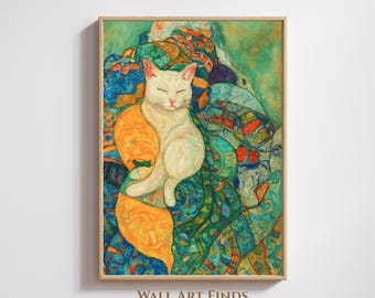 White Cat Abstract Wall Art – Klimt Style Digital Painting, Colorful Bohemian Cat Poster, Instant Download Art Print 300DPI