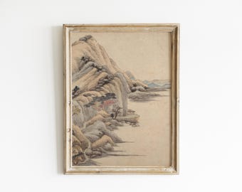 Impresión artística vintage de paisaje montañoso chino: Pintura a tinta (descarga digital)