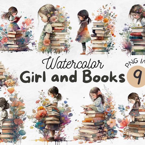 Watercolor Girl And Books PNG | Girl and Books Clipart | Reading Clipart | Book Lover png | Book png | Sublimation Design | Digital Design