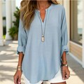 Cotton Linen Plus Size Blouse, Women' Boho Long Sleeve Relaxed Shirt, Split Neck Loose Fit Top