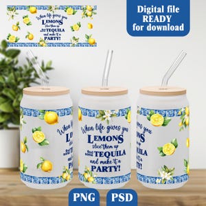 May include: Three glass drinkware with wooden lids and clear straws. The drinkware features a lemon and floral design with the text "When life gives you lemons, slice them up and find some tequila and make it a party!" The background is white.