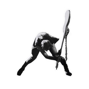 May include: A black and white photograph of a person playing a guitar. The person is wearing a leather jacket and jeans. The guitar is a solid body electric guitar with a chain attached to the strap.