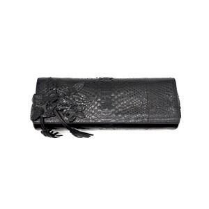 Gucci 1990’s Black Python Leather Tassel Clutch with Floral Appliqué
