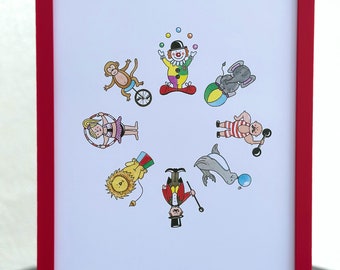 Cute circus print. Wall art for children's bedroom, nursery, playroom. Can be personalised. Clown, Lion, Ringmaster, Seal, Monkey. Unframed.