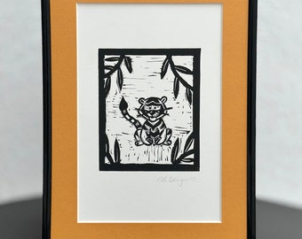 Hand-printed Tiger Linocut Print in A4 mount Unframed | Tiger Art for Home | Living Room | Bedroom | Nursery