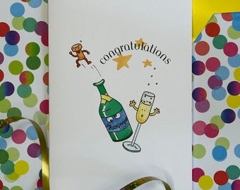 Cute Congratulations Card | Funny Engagement Card | Champagne Card | Exam Results Card | Celebration Card | Wedding Card