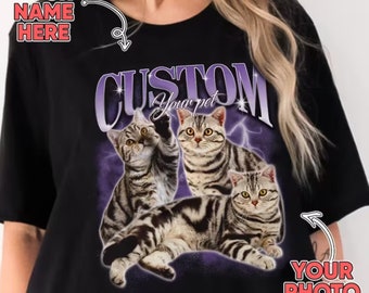 Pet Custom Vintage Washed Shirt, Custom Cat T-Shirt, Dog Bootleg Retro 90&#39;s Tee, Custom Pet Photo, Pet Lovers,Y2k,Custom Shirt, Retro,