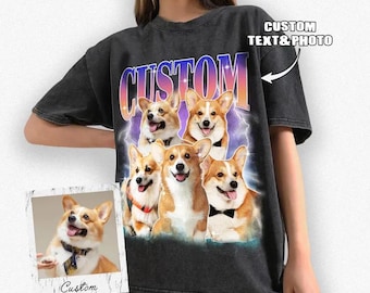 Könnte beinhalten: Schwarzes T-Shirt mit einer Grafik von fünf Corgi-Hunden und dem Wort "CUSTOM" in einer Retro-Schriftart. Das Shirt hat auch den Text "CUSTOM TEXT & PHOTO" mit einem Pfeil, der auf das Design zeigt. Ein kleineres Foto eines Corgis befindet sich in der unteren linken Ecke.
