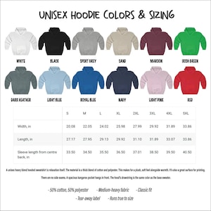 May include: Unisex hoodie color chart with 12 different colors and a size chart showing width, length, sleeve length, and back length in inches. The chart shows sizes from S to 5XL.