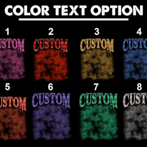 May include: Eight different color options for custom text. The text "CUSTOM" is displayed in a bold, stylized font with a black outline. Each color option is displayed on a cloud-like background. The colors are pink, red, yellow, blue, orange, purple, green, and gray.