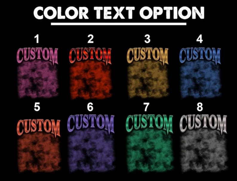 May include: Eight different color options for custom text. The text "CUSTOM" is displayed in a bold, stylized font with a black outline. Each color option is displayed on a cloud-like background. The colors are pink, red, yellow, blue, orange, purple, green, and gray.