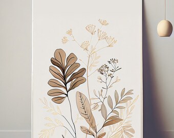 Boho Minimalist Plant Art, Neutral Beige Floral Art Wall Decor, Living Room Decor, Digital DOWNLOAD Print Jpegs
