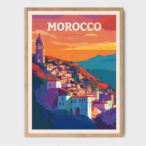 Stampa di viaggio di Chefchaouen in Marocco, stampa artistica, poster di viaggio, arredamento per la casa, illustrazione della città da parete, regalo per