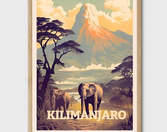 Póster de viaje del Monte Kilimanjaro, lámina artística de estilo retro.