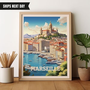 Póster de viaje de Marsella, Francia, arte mural moderno y moderno, póster del mar Mediterráneo.