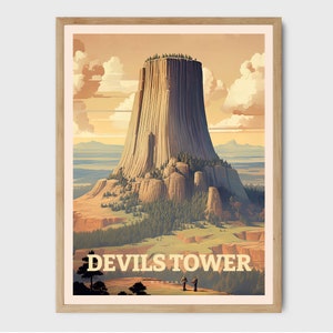 May include: A vintage-style poster featuring a colourful illustration of Devils Tower National Monument in Wyoming. The poster has a yellow background with the text "Devils Tower" in bold, yellow letters. Two figures are standing at the base of the tower.
