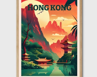 Hong Kong Travel Poster, City Illustration Art Print