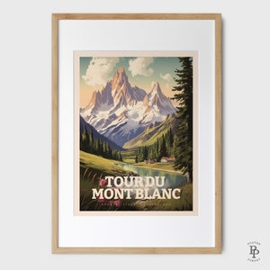 May include: A vintage travel poster featuring a scenic view of the Tour du Mont Blanc, a mountain range in the Alps. The poster features a mountain peak with snow-capped peaks and a valley with a river winding through it. The text "Tour du Mont Blanc" is printed in a bold, white font.