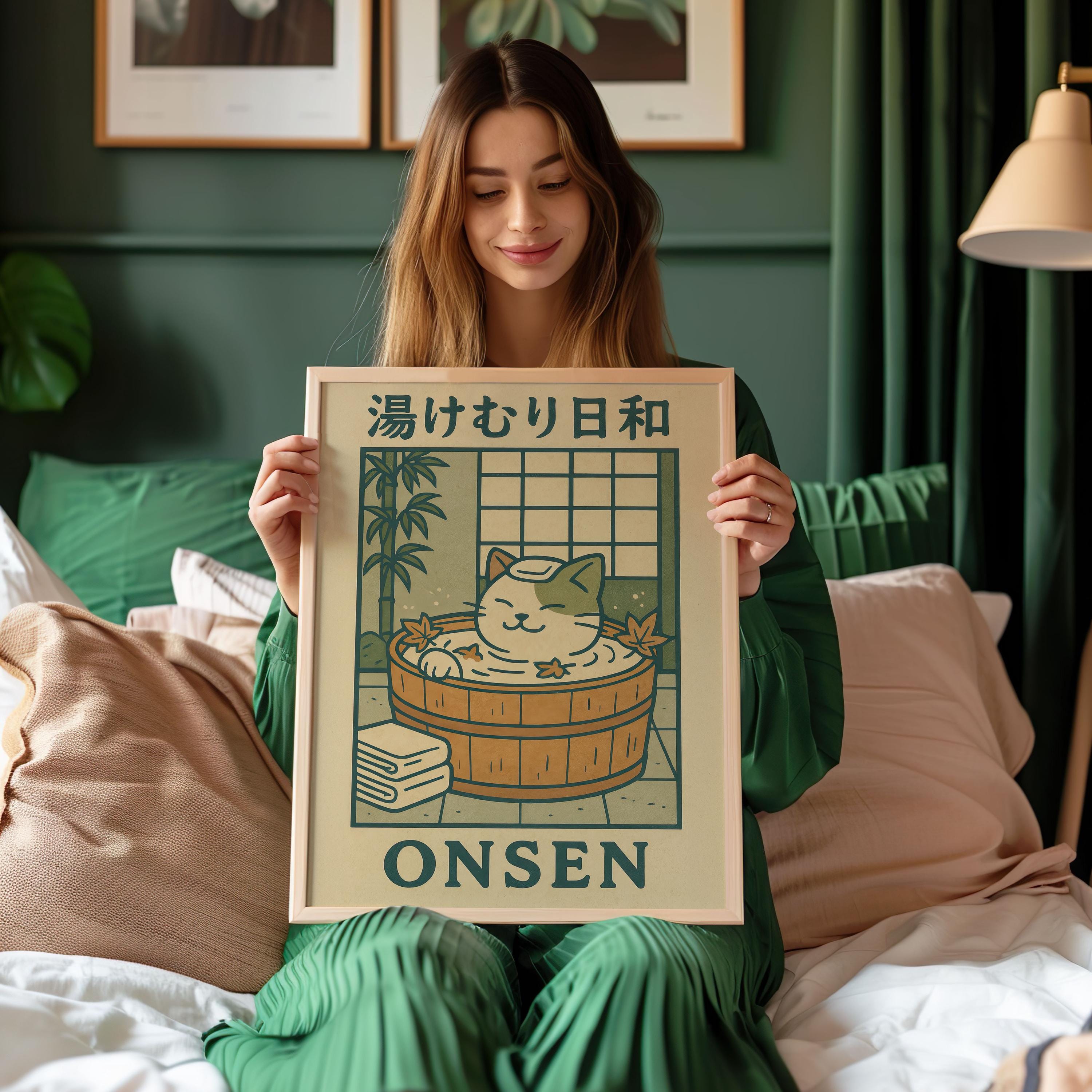Onsen Cat Wall Art Japanese Bath Poster Cozy Bathroom Decor Cute Tabby ...