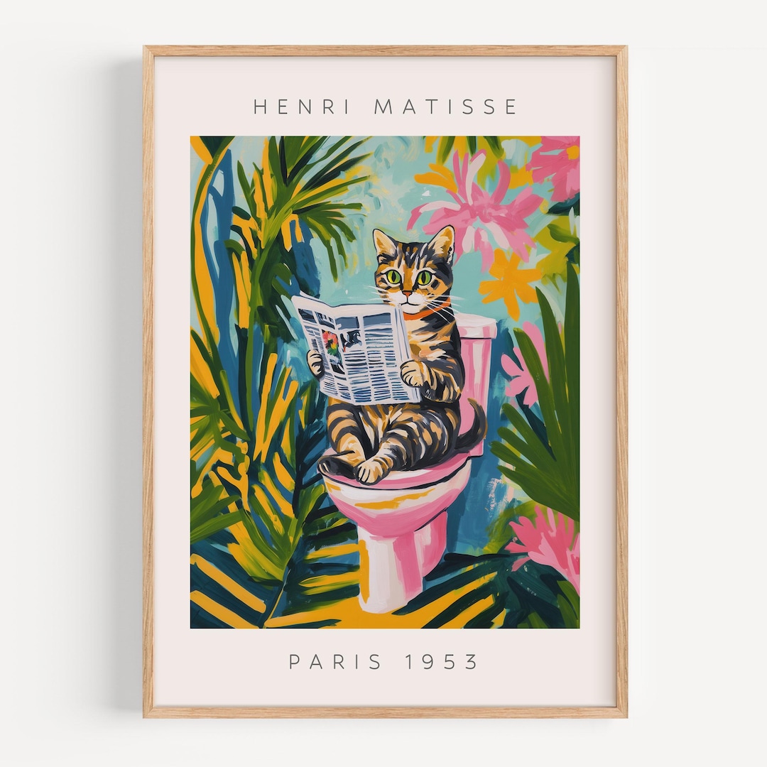 Tabby Cat on Toilet Bathroom Wall Art, Matisse Poster, Funny Bathroom ...