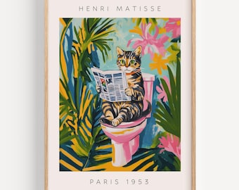Tabby Cat on Toilet Bathroom wall art, Matisse poster, Funny bathroom decor, Pink tropical decor, Cat Gift