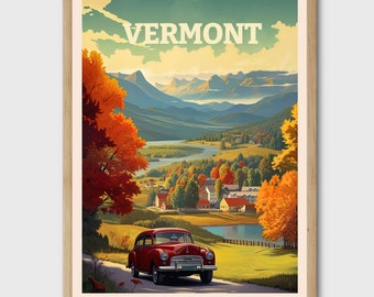 Vermont Travel Poster, Vintage Retro Art Print