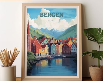 Bergen Norway Art Print, Scandinavian Travel Poster