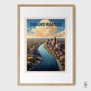 May include: A vintage-style travel poster featuring an aerial view of Grand Rapids, Michigan. The poster has a blue and white color scheme and features a river winding through the city. The text "Grand Rapids, Michigan" is displayed in bold, black letters at the top of the poster.