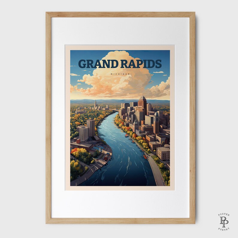 May include: A vintage-style travel poster featuring an aerial view of Grand Rapids, Michigan. The poster has a blue and white color scheme and features a river winding through the city. The text "Grand Rapids, Michigan" is displayed in bold, black letters at the top of the poster.