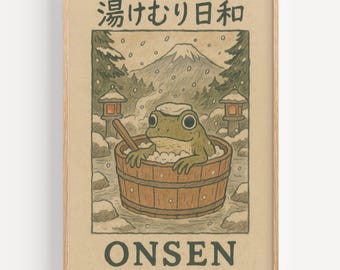 Frog in Onsen Wall Art Japanese Bathroom Poster Japandi Woodblock Print Relaxing Spa Room Decor Japanese Frog Art Gift Idea