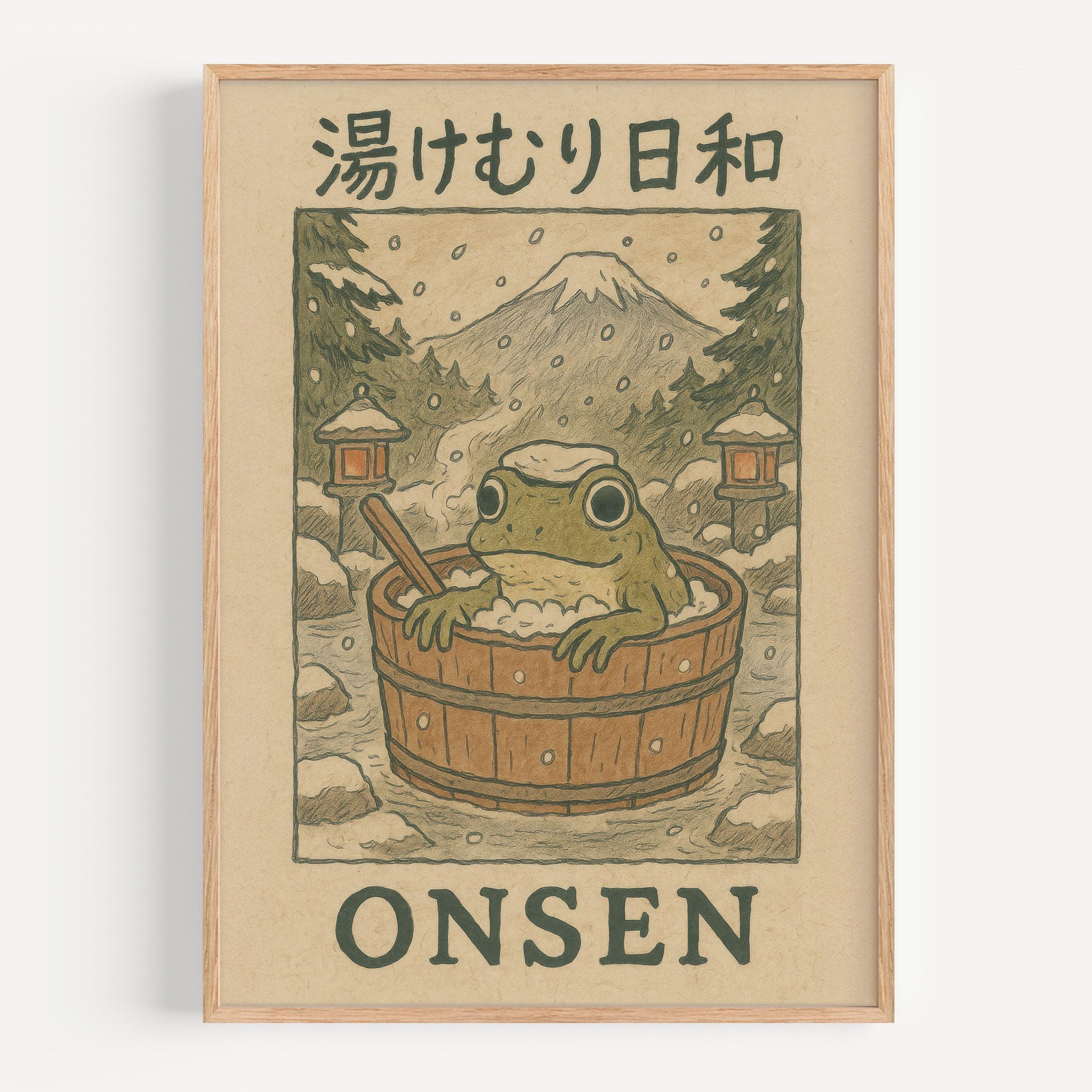 Frog in Onsen Wall Art Japanese Bathroom Poster Japandi Woodblock Print Relaxing Spa Room Decor Japanese Frog Art Gift Idea