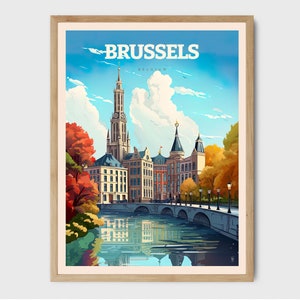 Bruxelles, Belgio, stampa artistica, poster retrò di viaggio in Europa, regali per la luna di miele, illustrazione della città, arte murale