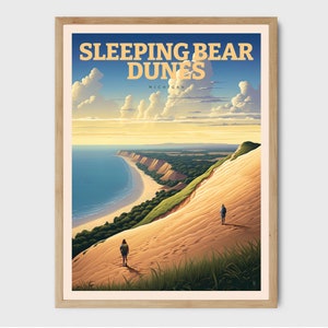 Sleeping Bear Dunes Print, Retro Michigan Travel Poster