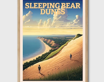 Sleeping Bear Dunes Michigan Poster Living Room Wall Art Vintage Retro Poster Giftable Travel Print Lighthouse Home Decor