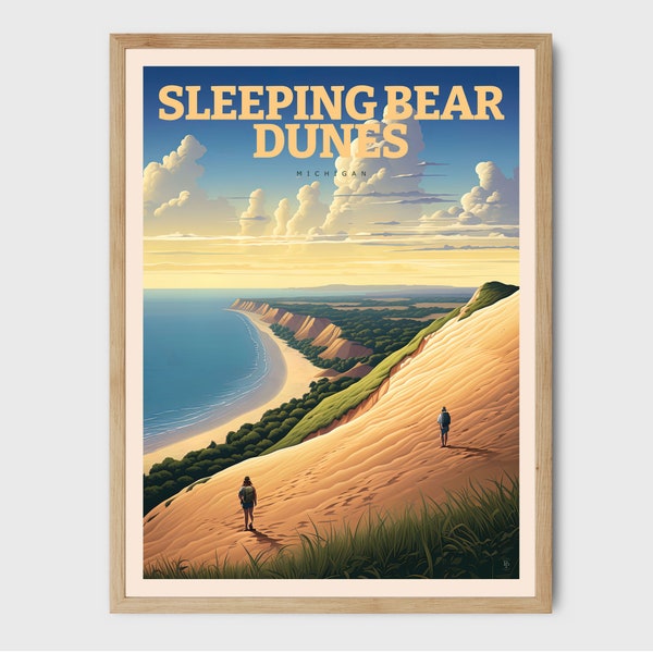 Sleeping Bear Dunes Print, Retro Michigan Travel Poster