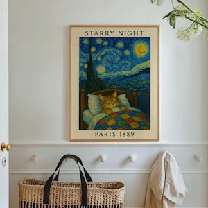 Funny Cat &#39;Starry Night&#39; Art Print, Whimsical Van Gogh Parody