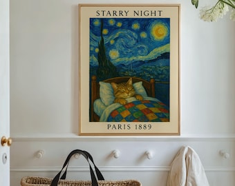 Funny Cat 'Starry Night' Art Print, Whimsical Van Gogh Parody