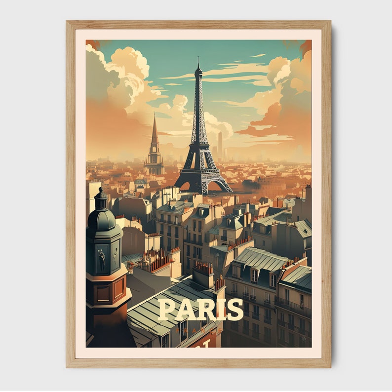 May include: A vintage travel poster featuring a view of the Eiffel Tower in Paris, France. The poster has a retro color palette with a warm orange and yellow sky and a dark blue background. The Eiffel Tower is in the center of the image, with the city of Paris spread out below it. The text "PARIS" is printed in large, bold letters at the bottom of the poster.